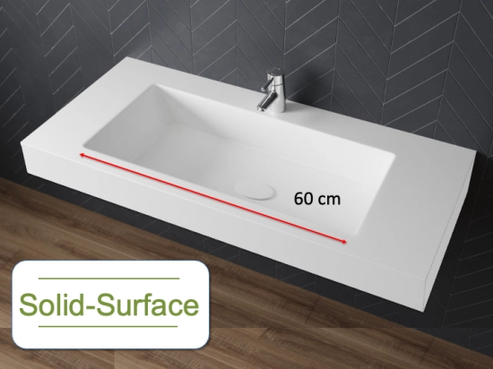 Plan vasque Design, fabrication sur mesure, Largeur 70 à 200 cm x Profondeur 40 à 60 cm, résine minérale ACRYSTONE® SOLID-SURFACE Finition lisse blanc mate, Livraison Offerte et Rapide.